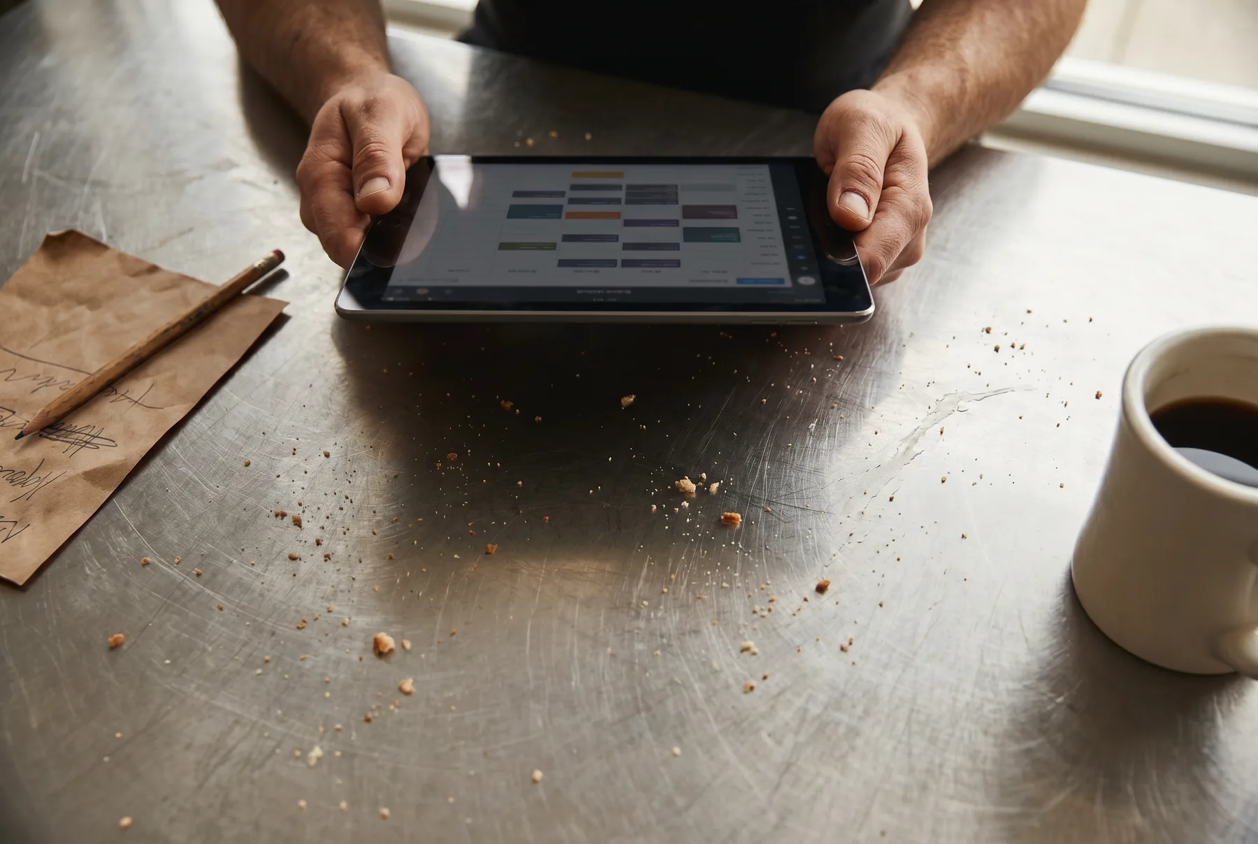Overhead view of a hospitality manager's hands holding a tablet displaying a workforce schedule on a stainless steel prep counter, beside a coffee mug and butcher paper notes.