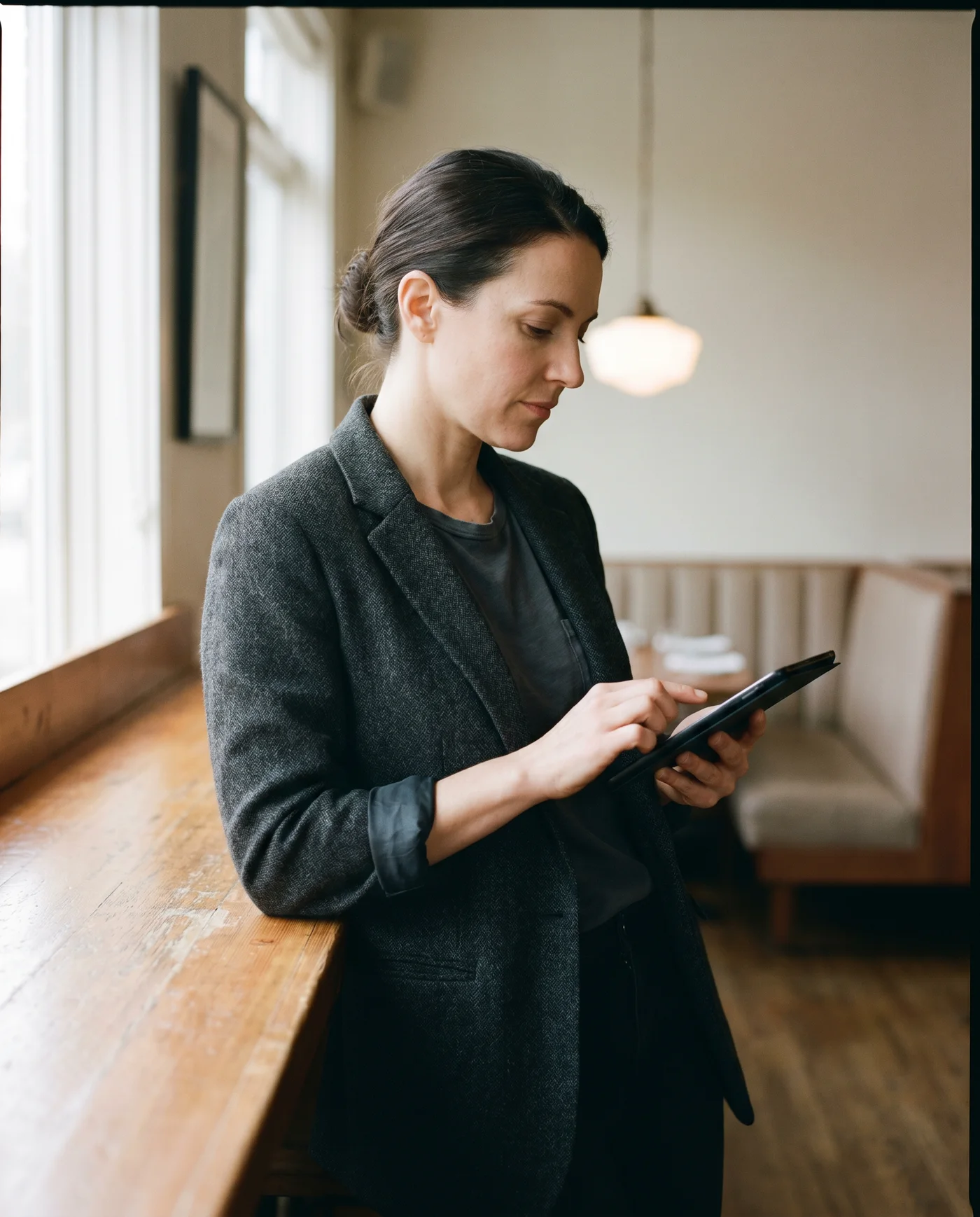 Editorial portrait of a restaurant operations director in profile, reviewing a tablet at the pass before service in a wood-paneled dining room with soft window light.